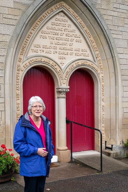 Ann Ralston outside of Grantown's historic Inverallan Church.