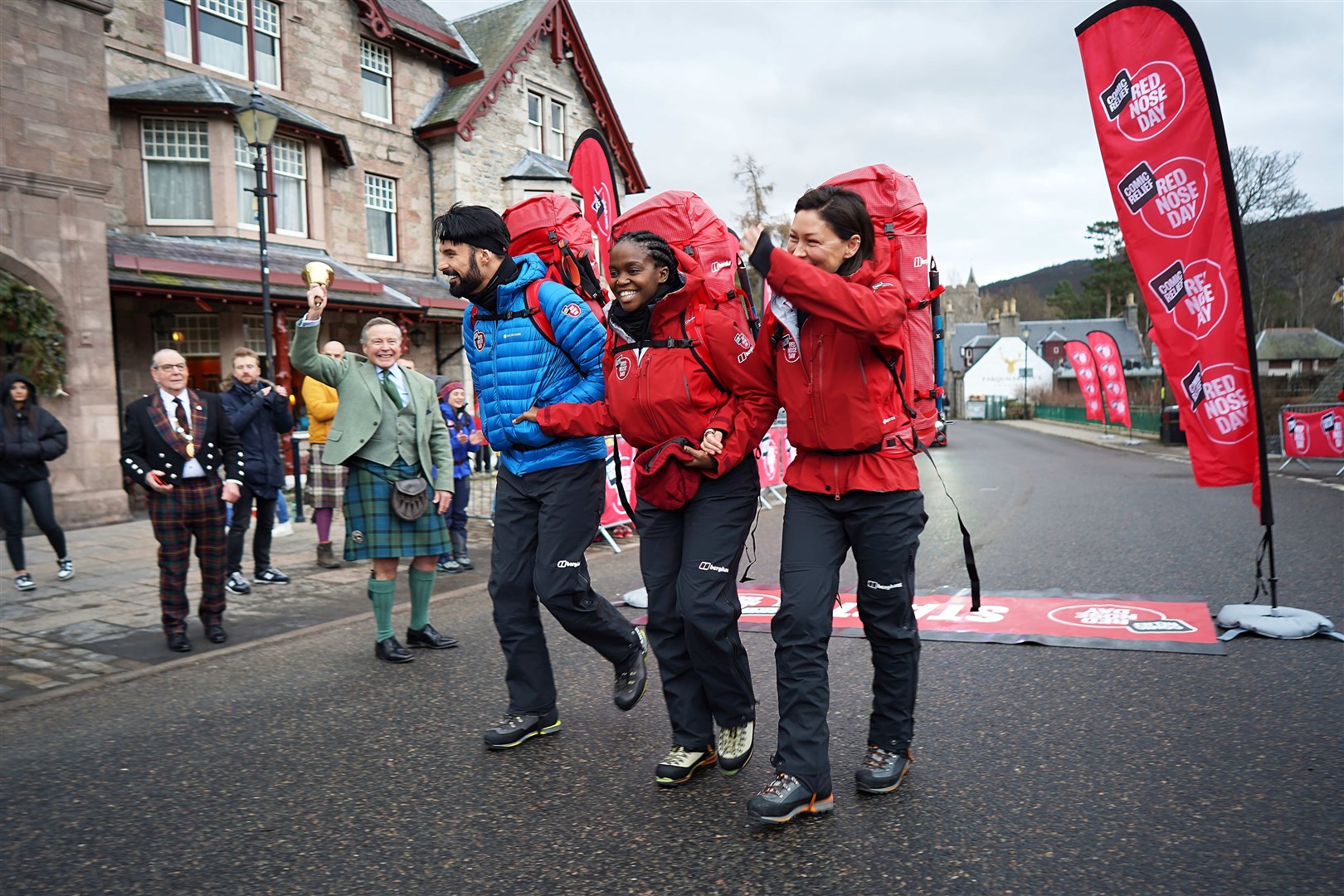 Emma Willis, Oti Mabuse and Rylan start the Red Nose Day challenge. Photo by Hamish Frost/Comic Relief)