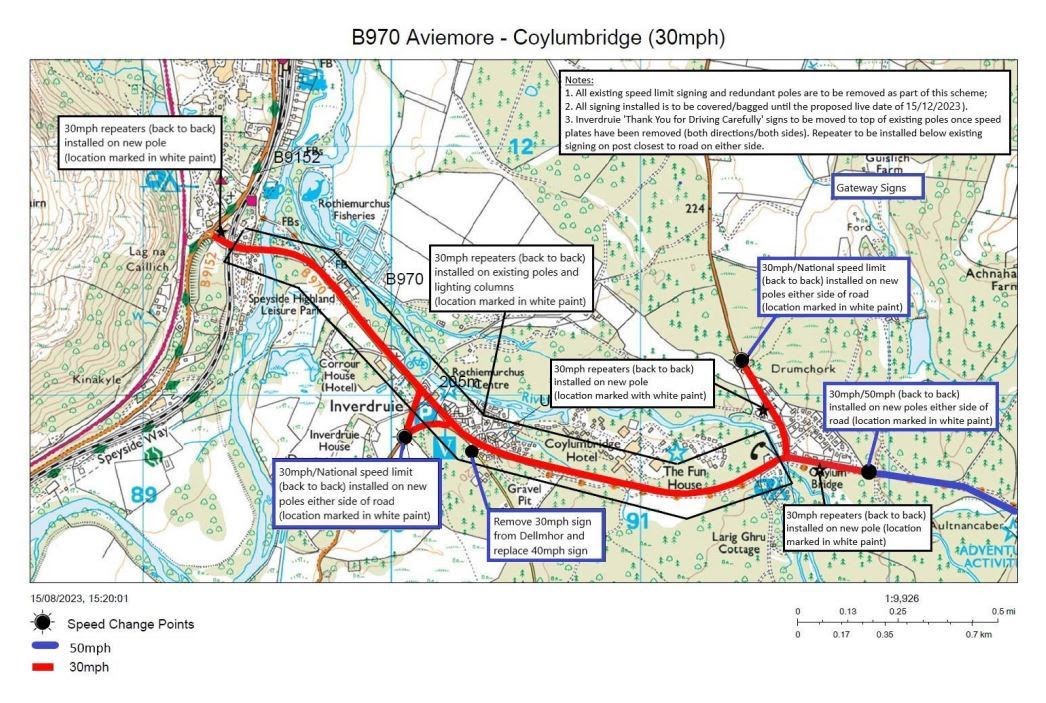 A graphic showing the reduction in speed limits from the High Range roundabout to beyond the Coylumbridge Hotel.