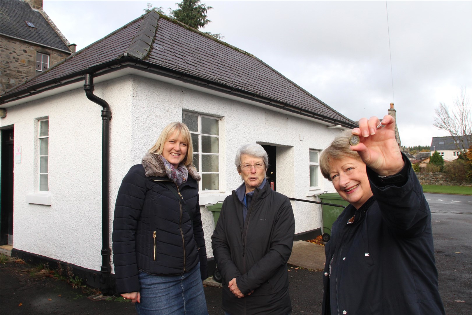 Karen Martin, Jane Hope and Karen Derrick, from the Grantown Initiative, at the axed Burnfield toilets.