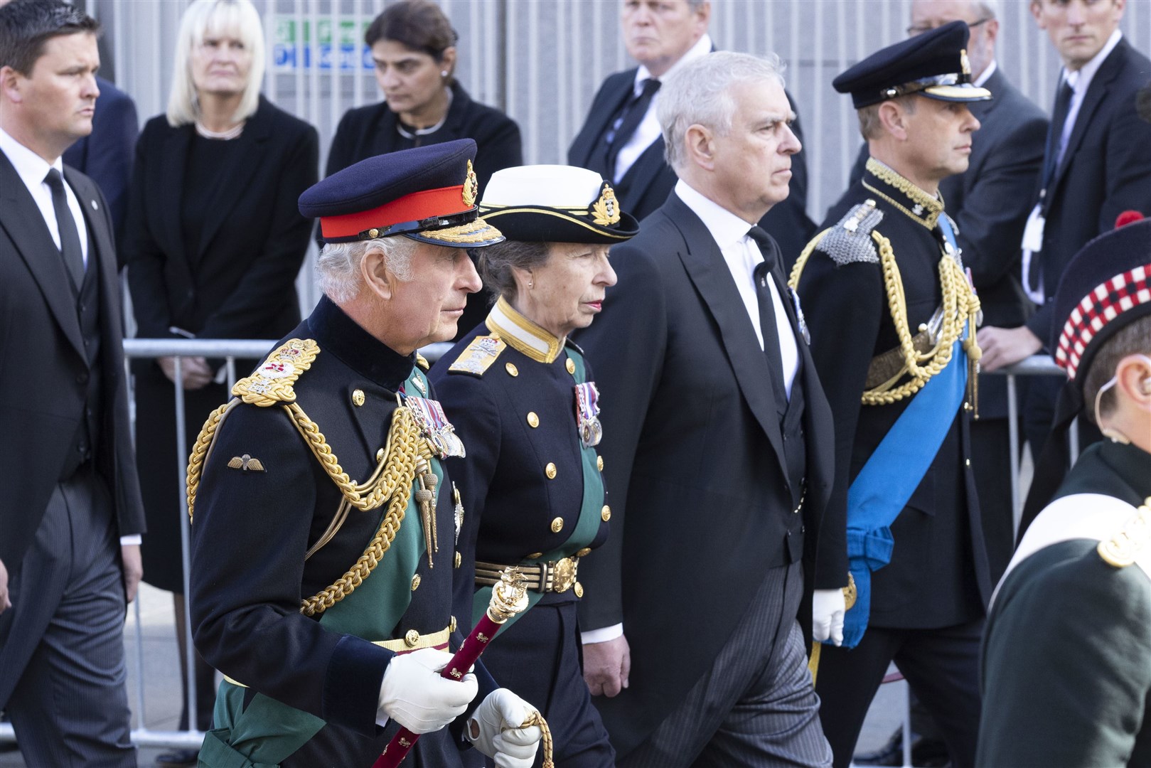 King Charles III, the Princess Royal, the Duke of York and the Earl of Wessex join the procession of Queen’s coffin in Edinburgh (Jamie Williamson/Daily Mail/PA)