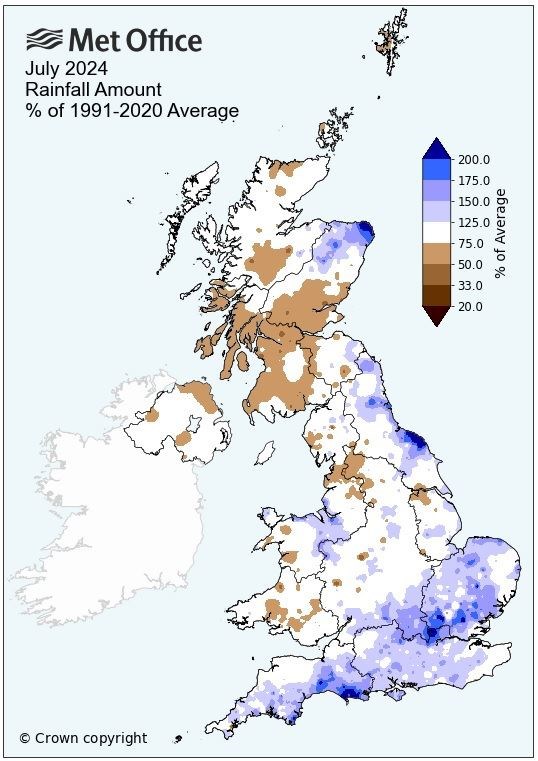 The distribution of rainfall during the month of July. Picture: Met Office.