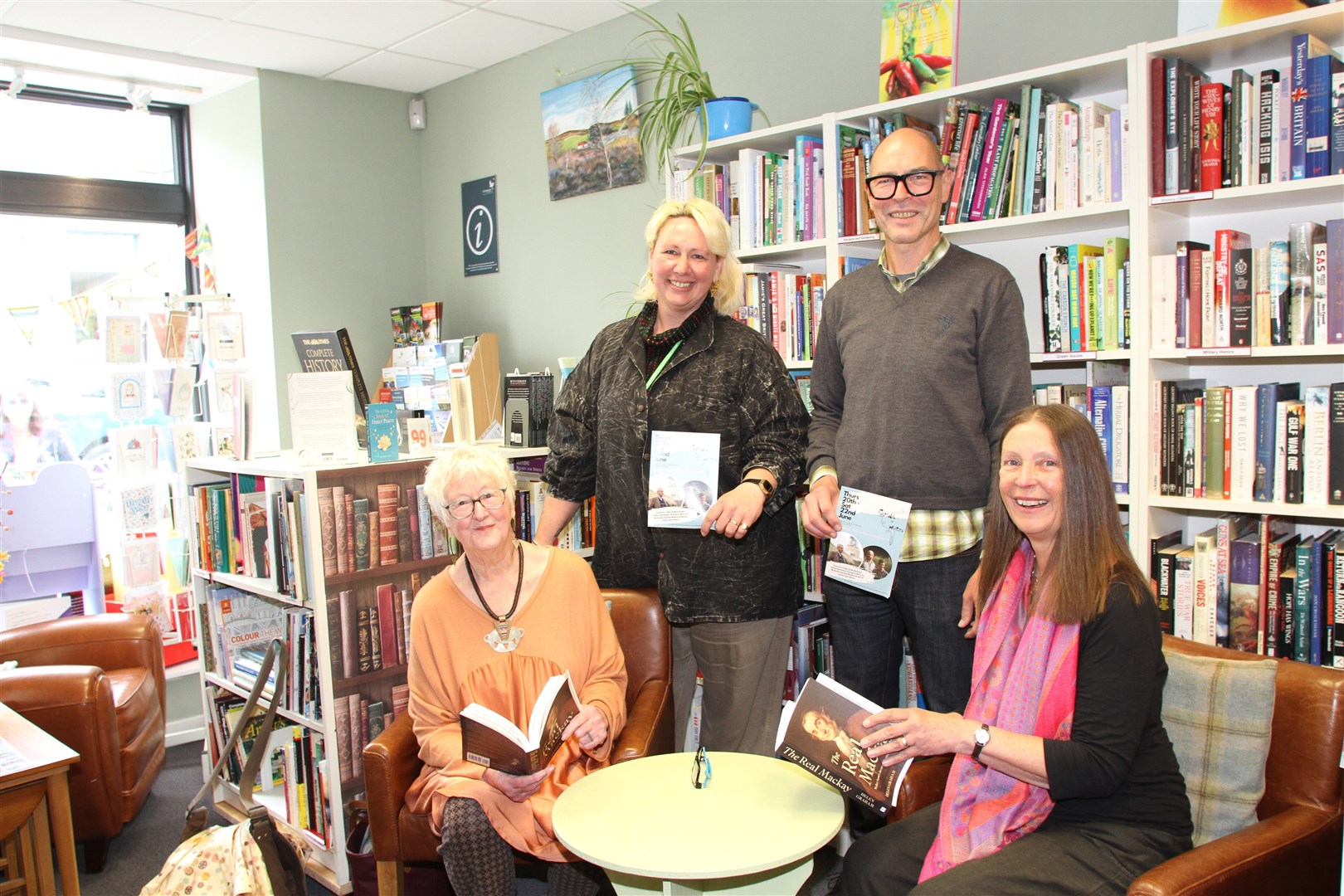 Author Helen Graham (right) and poet 'Slam Winning Granny' Finola Scott (left) alongside Festival officials Nick Walker and Claire Candy at the Caberfeidh Bookshop special last Friday afternoon