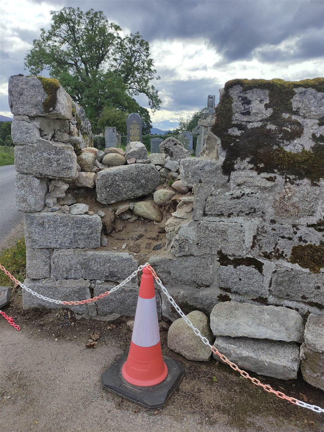 The damaged wall at Abernethy Old Kirk.