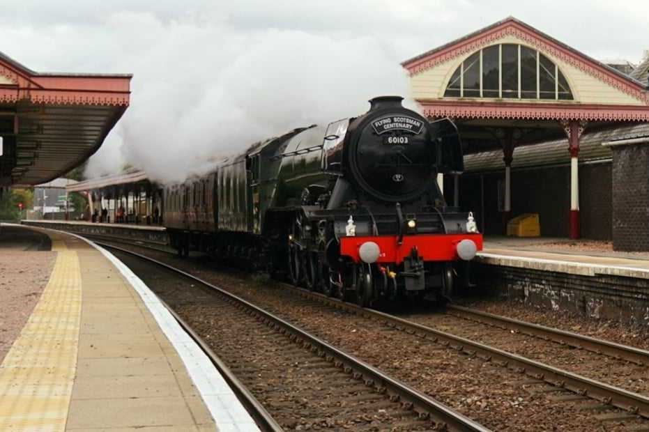 The Flying Scotsman leaves Aviemore after an eventful visit.