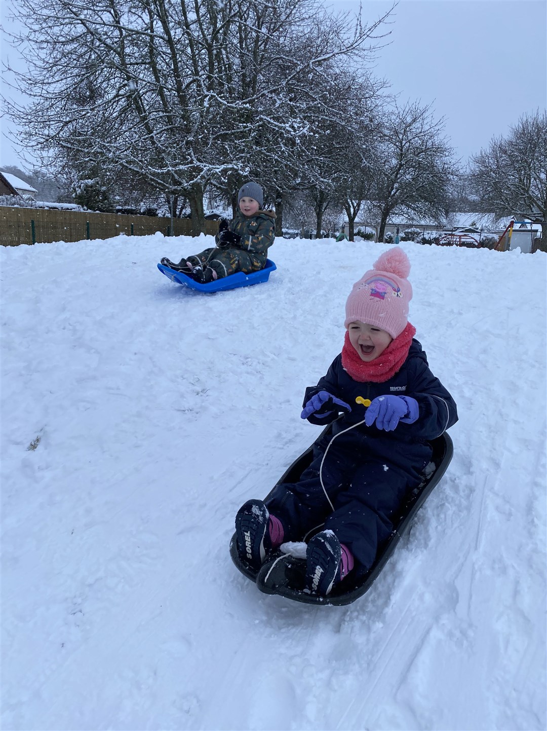 Isla Macleod's photo four-year-old Bonnie with her four-year-old cousin Archie on their sledges.