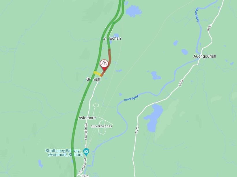 The location of the earlier collision on the A95, near Aviemore.