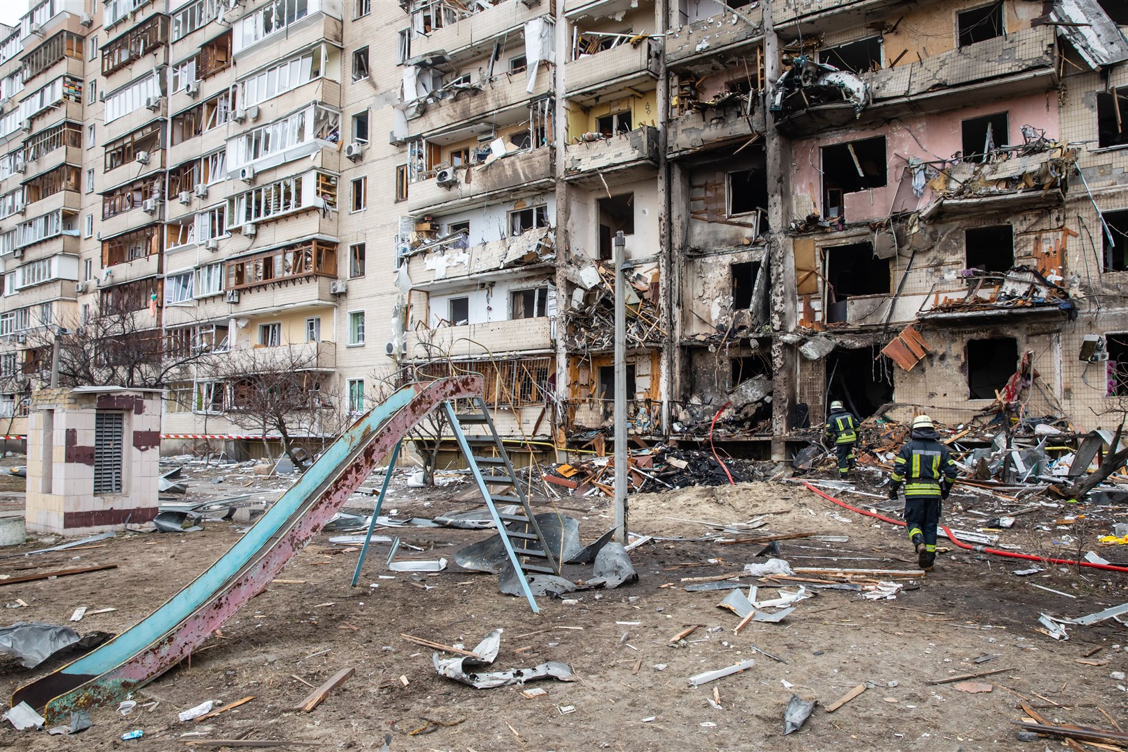 A residential building damaged by an enemy aircraft in the Ukrainian capital Kyiv.