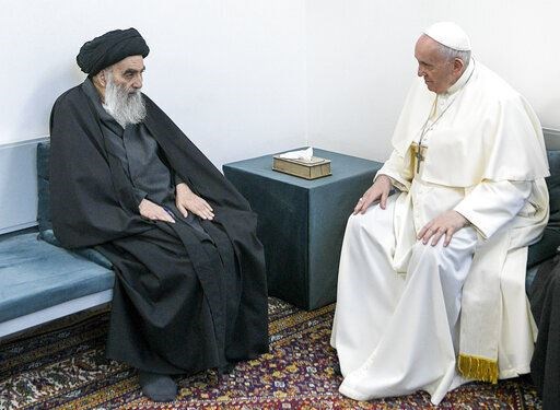 The Pope met Iraq’s leading Shiite cleric, Grand Ayatollah Ali al-Sistani in Najaf in 2021, becoming the first pope to visit both the Arabian Peninsula and Iraq (Vatican Media/AP)