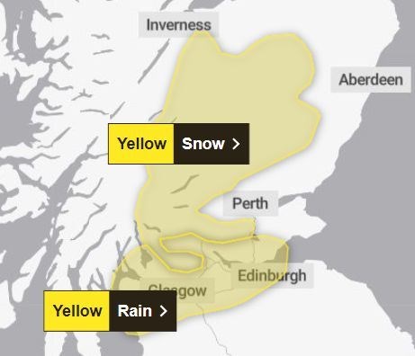 The area covered by the snow warning, with a separate warning for rain extending across the central belt. Picture: Met Office.