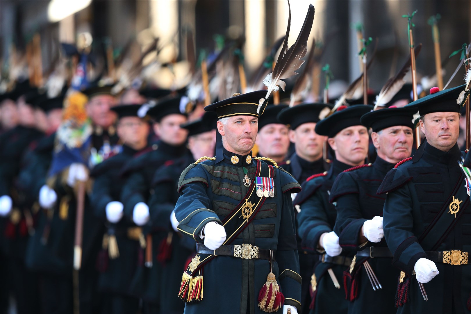 Members of the Royal Company of Archers on parade before the hearse carrying the coffin of Queen Elizabeth II departs St Giles’ Cathedral (Robert Perry/PA)