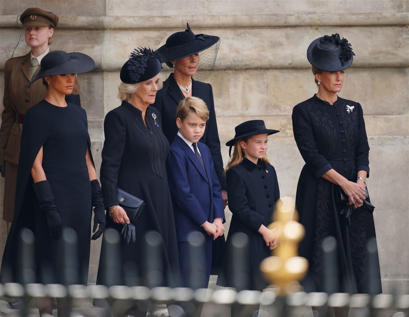 The Duchess of Sussex, the Queen, the Princess of Wales, Prince George, Princess Charlotte and the then-Countess of Wessex at the late Queen’s funeral (Peter Byrne/PA)
