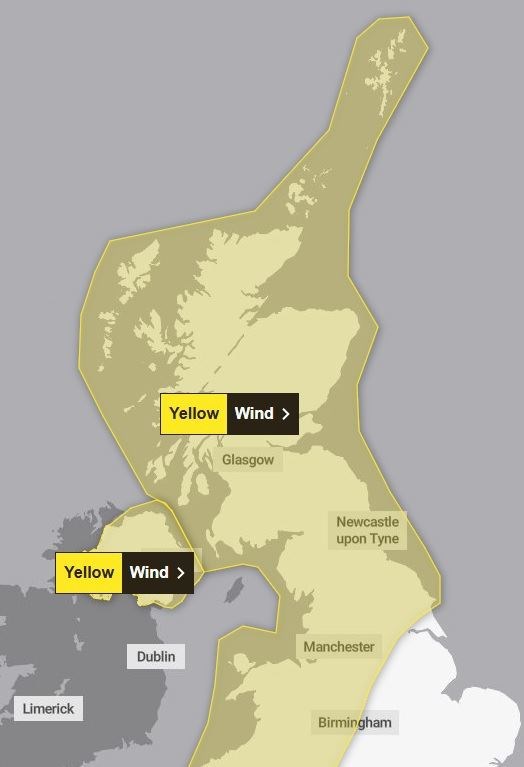 The areas covered by the wind warnings on Sunday. Picture: Met Office.