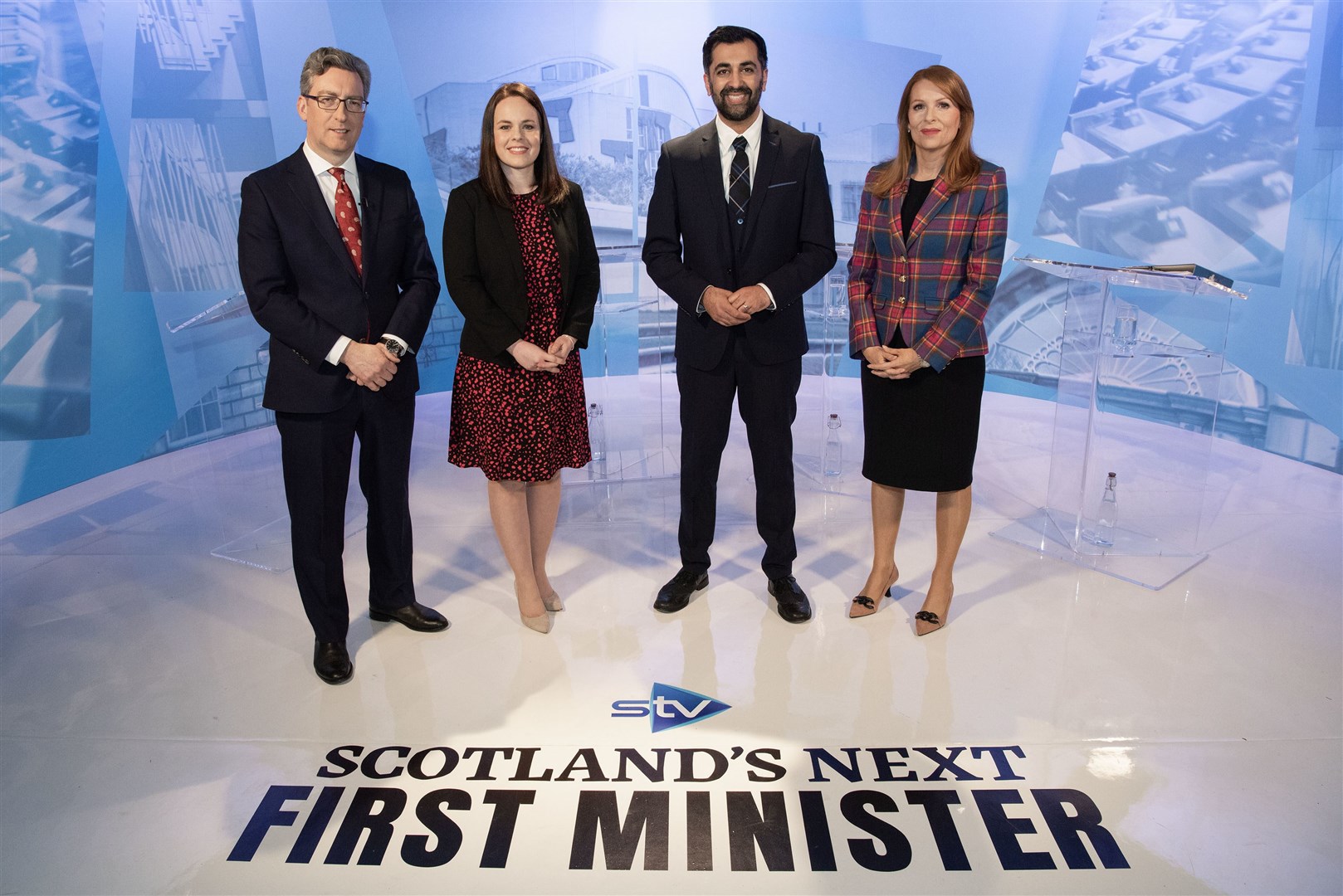 The candidates ahead of the STV debate with host, STV political editor Colin Mackay (Kirsty Anderson/STV/PA)
