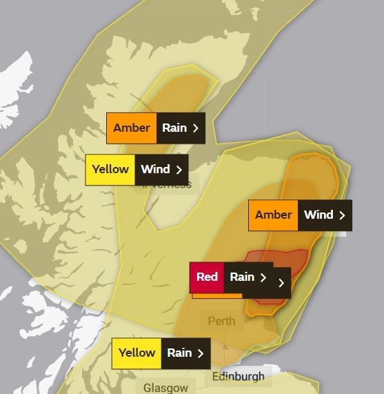 A rain warning for Caithness, Sutherland and Ross-shire has been upgraded to amber, and one over parts of Angus and Aberdeenshire has been raised to red. Picture: Met Office.