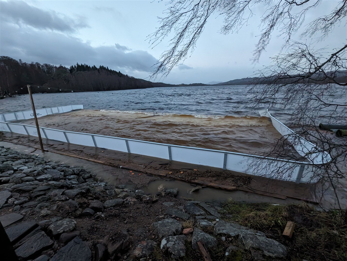 The 'Glice' rink was under water today at Loch Insh