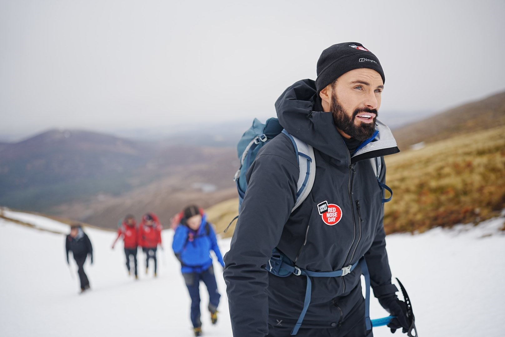 Emma Willis, Oti Mabuse and Rylan are seen here during day 4 of the Red Nose Day challenge in the Scottish Highlands: Photo by Hamish Frost/Comic Relief.