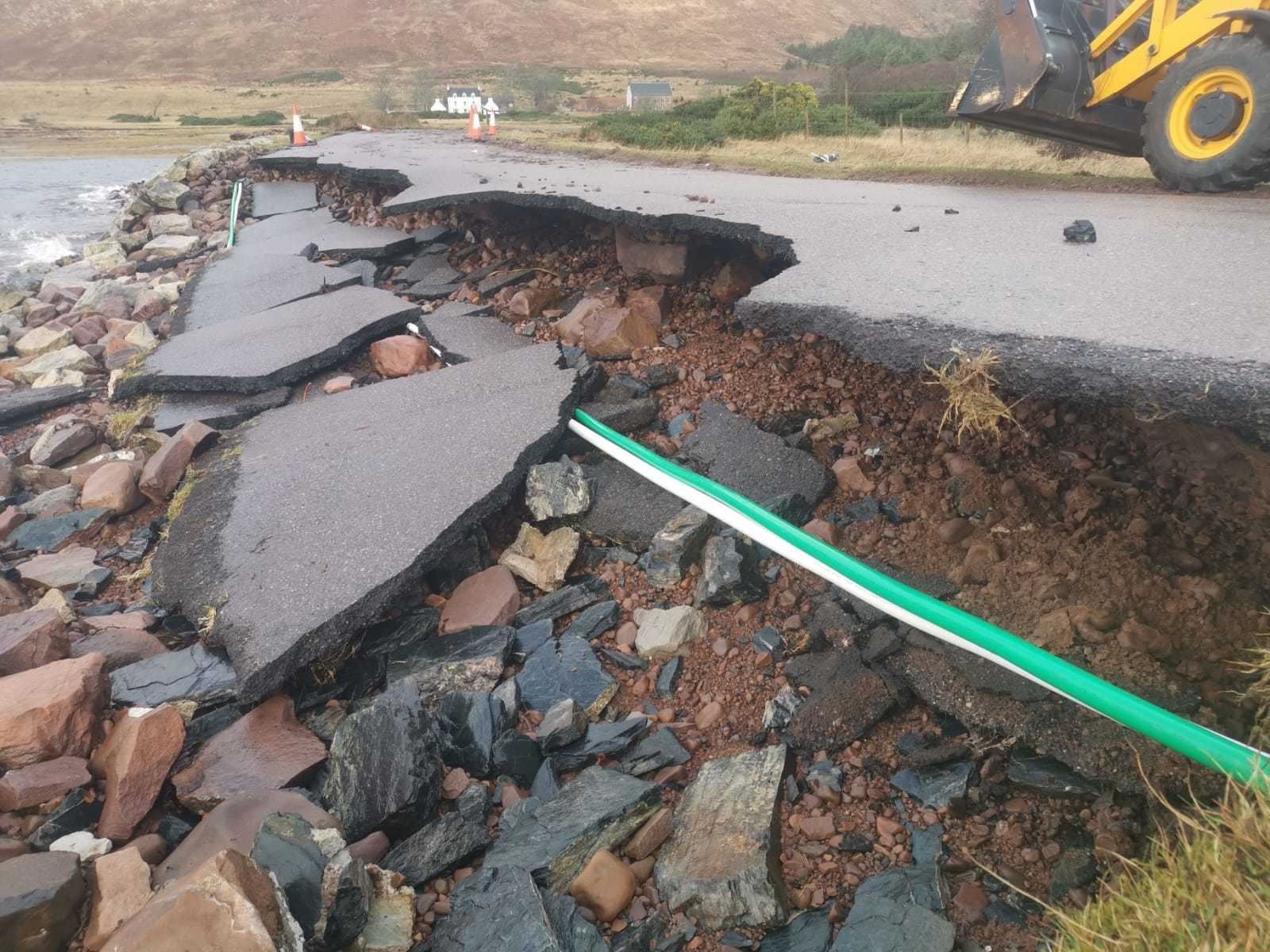 Damage to a road at Applecross caused by Storm Brendan.