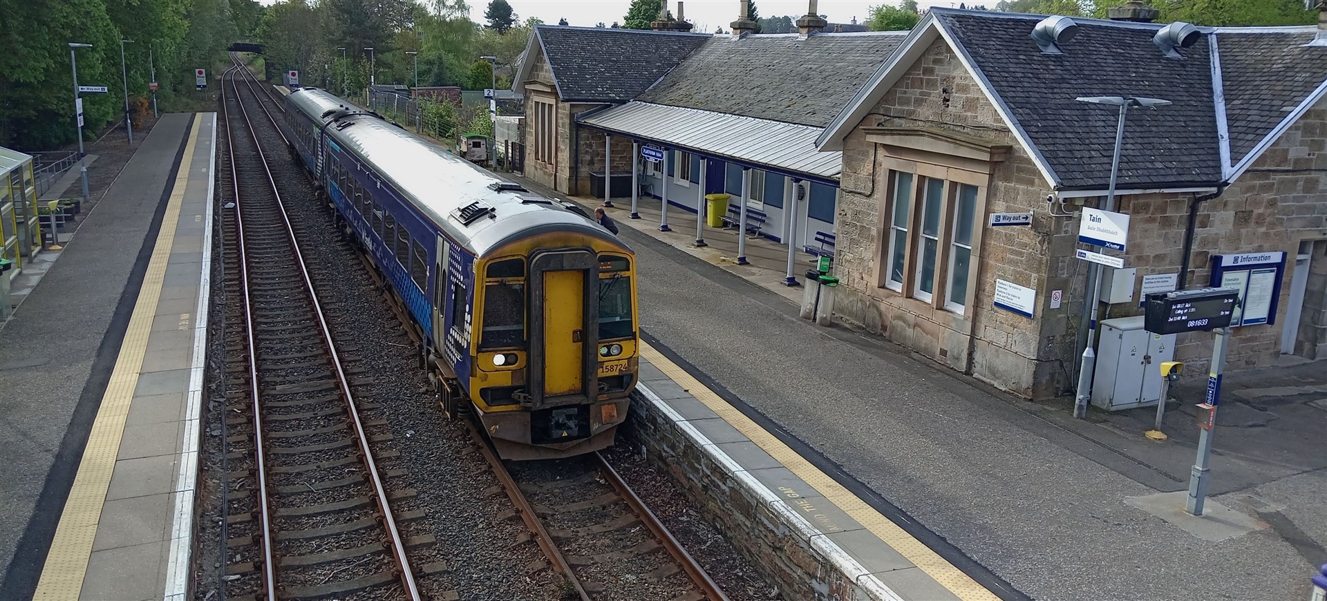 A Wick-bound train pulls up to the platform at Tain on the Far North Line. Picture: Philip Murray.