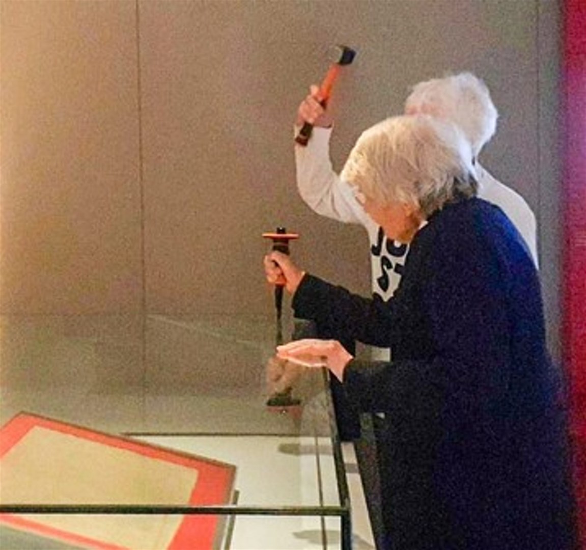Judy Bruce, hidden, 85, and Reverend Sue Parfitt, 82, targeted the protective enclosure around the historic Magna Carta document (Just Stop Oil/PA)