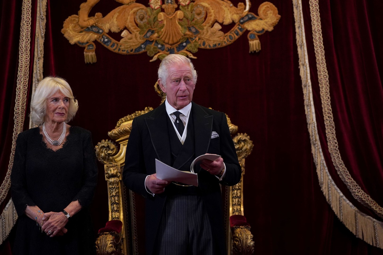 King Charles III and the Queen during the Accession Council at St James’s Palace, London (Victoria Jones/PA)