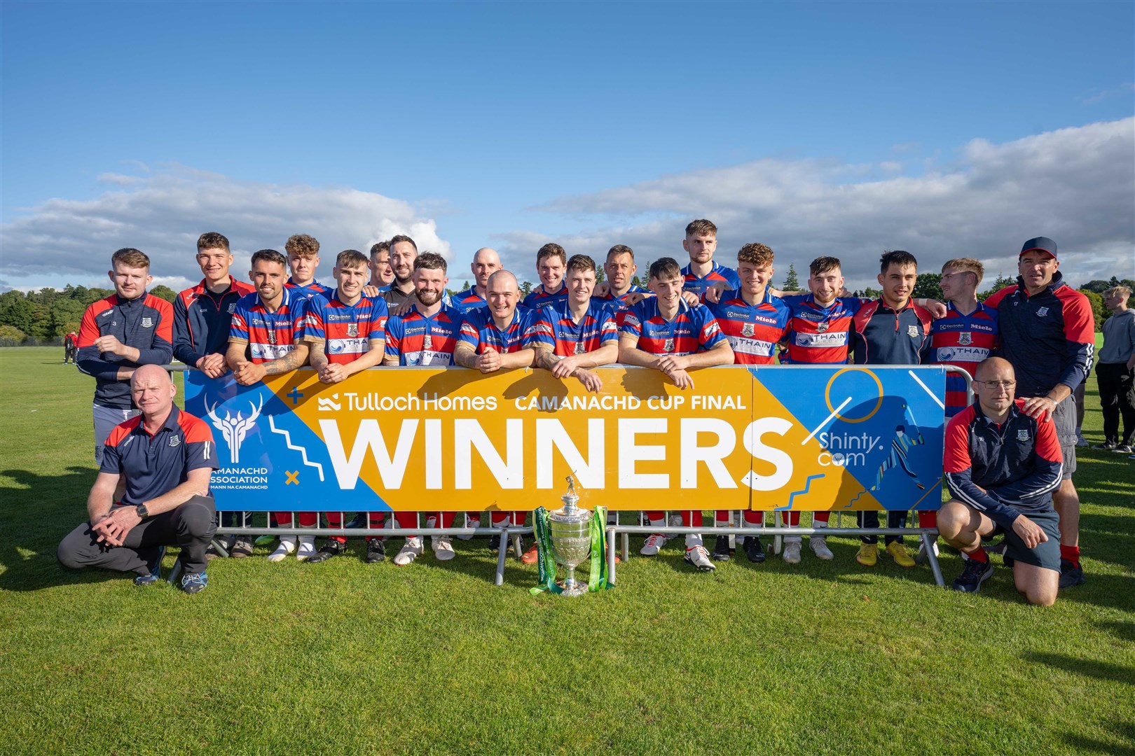 The victorious Kingussie team after beating Oban Camanachd 1-0 in the 2023 Tulloch Homes Camanachd Cup Final played at The Bught, Inverness.