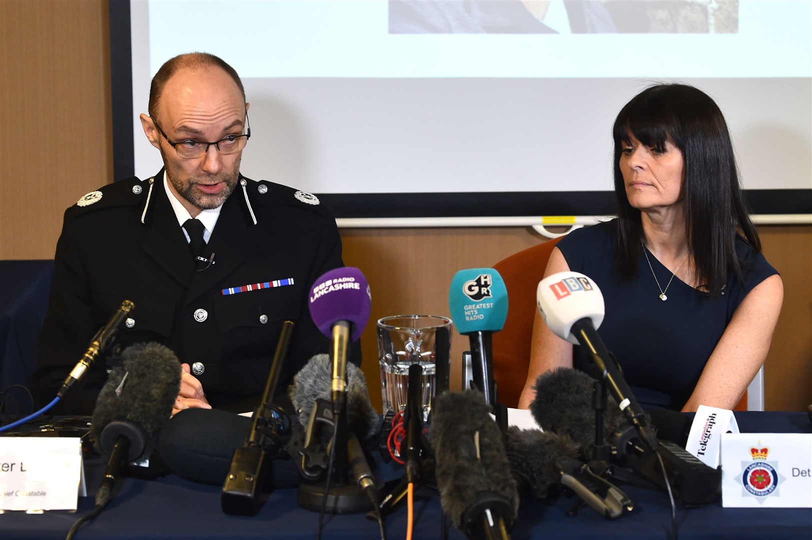 Assistant Chief Constable Peter Lawson (left) and Detective Superintendent Rebecca Smith of Lancashire Police update the media (Peter Powell/PA)
