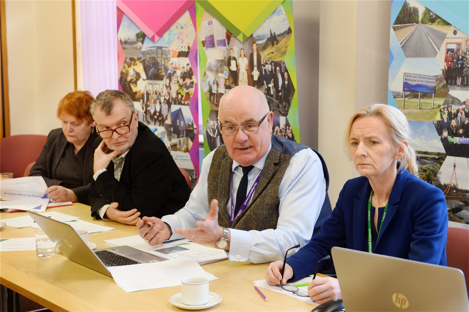 Highland Council budget launch in February. Leader Margaret Davidson, depute leader Alasdair Christie, budegt leader Alister Mackinnon, chief executive Donna Manson.