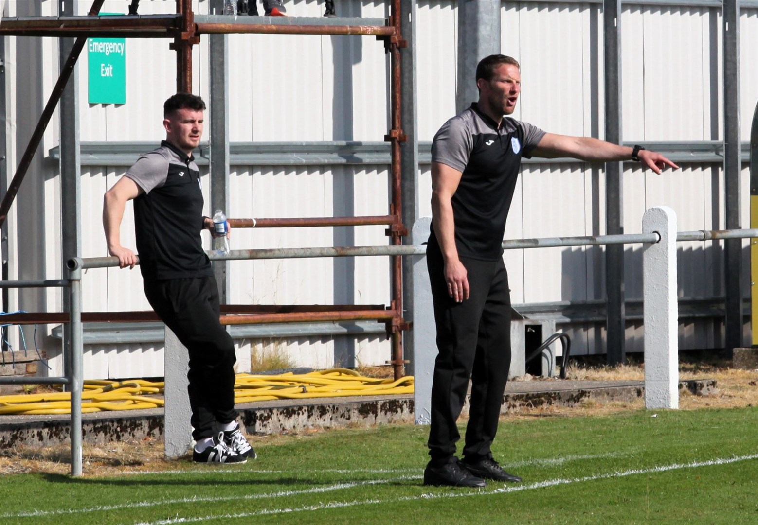 Jags boss Ryan Esson (right) gives orders from the touchline during Saturday's victory. Picture: Frances Porter.