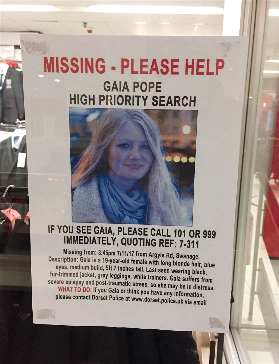 An appeal poster for missing teenager Gaia Pope in a window of Beales Department Stores in Poole (Rod Minchin/PA)