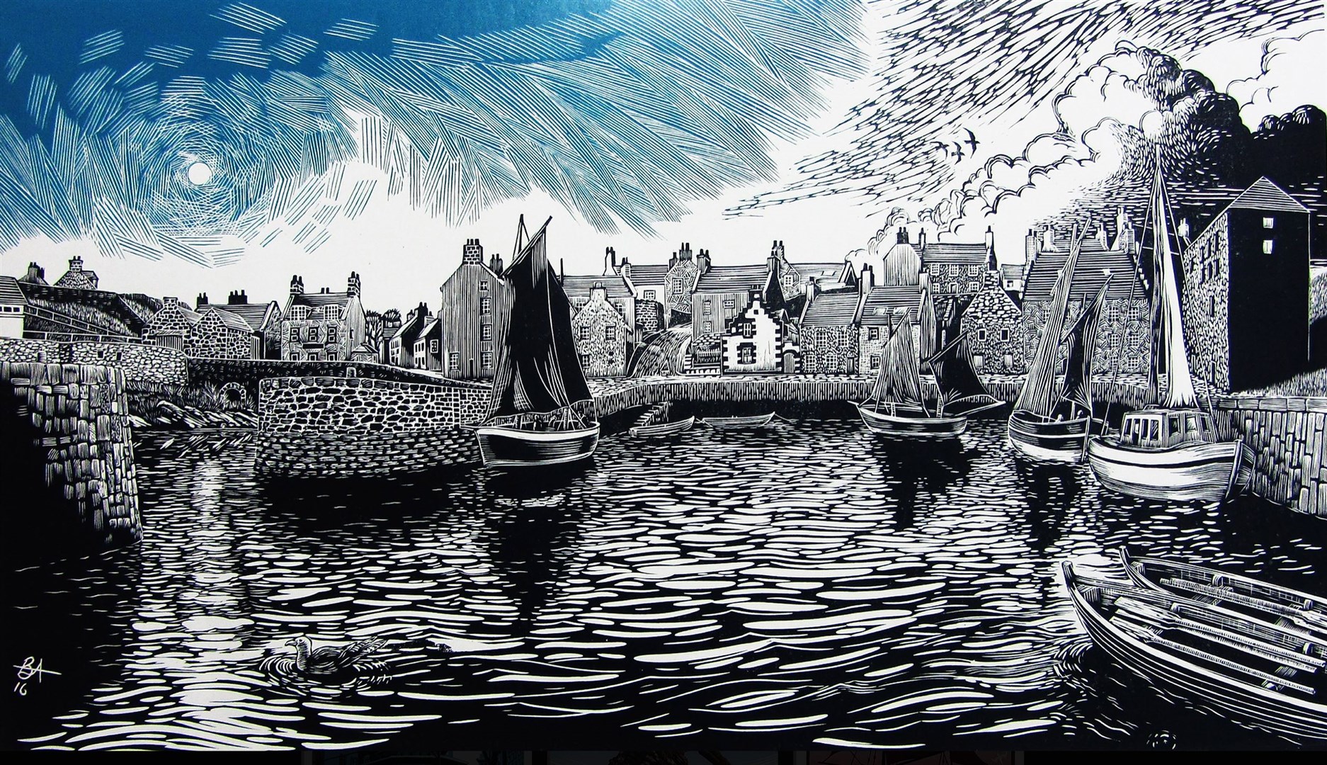 Sailing Day, Portsoy, by Bryan Angus which is one of the works on show at the exhibition now open to the public.