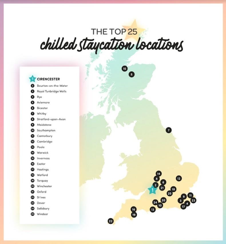 A map showing the most chilled out places in the UK according to the study.