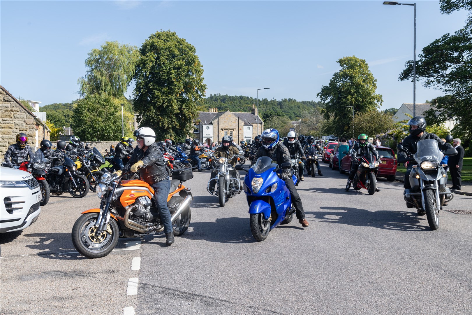 Motorbikes all gather together for an escort from Tom Ross & Sons Funeral in Forres to Nairn. ..Picture: Beth Taylor.