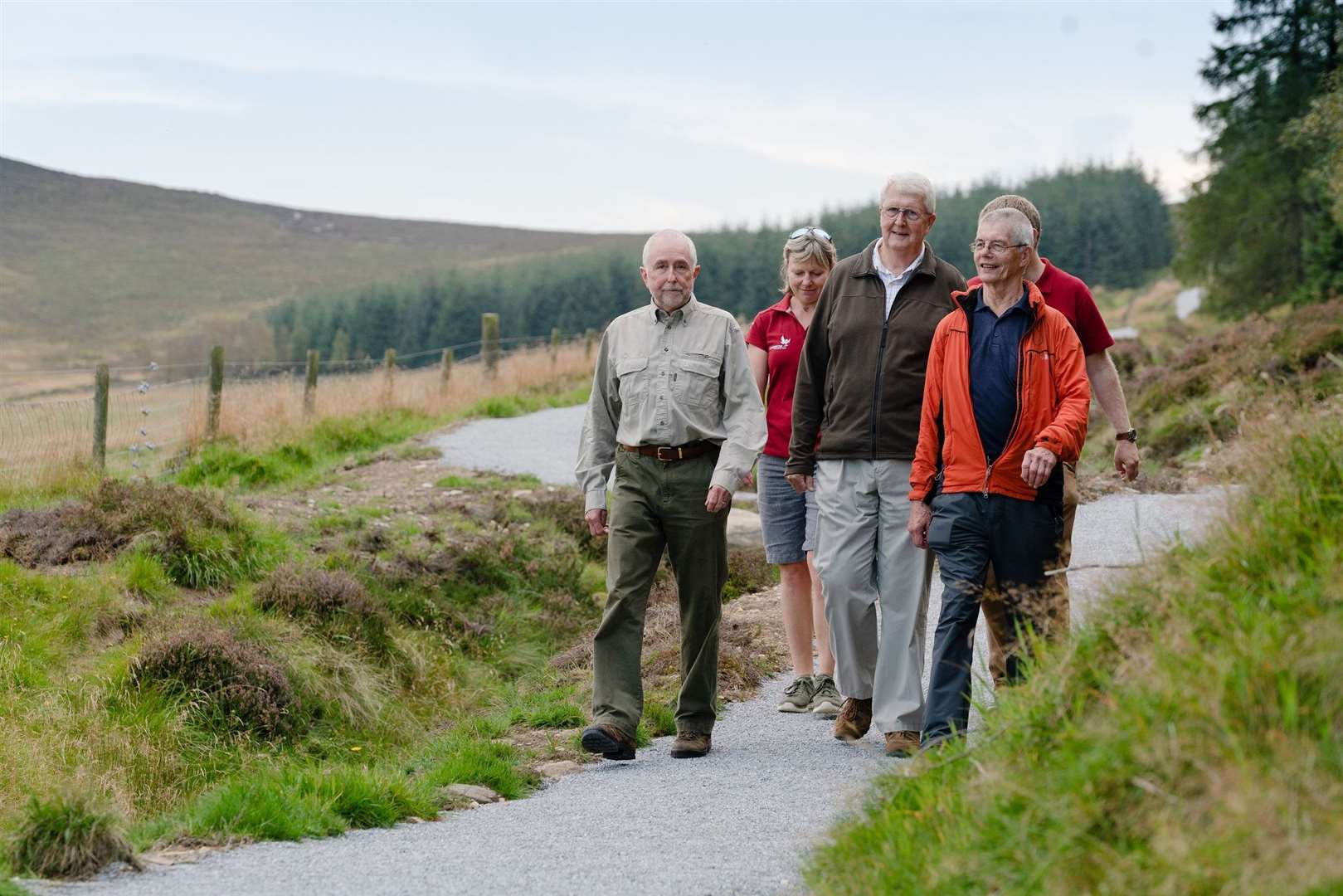Enjoying the newly upgraded Speyside Way Spur: (from l to r) Steve Smith and Elspeth Grant of TGLP, Brian Fowler and Tony Birchall of Glenlivet Walking Group and Grant Moir of the CNPA.
