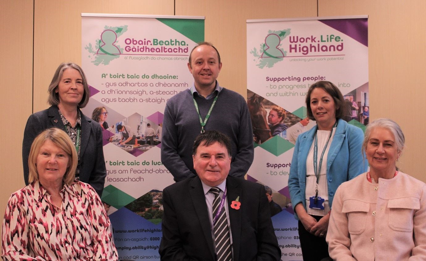 Pictured at the launch are (from left), rear - Jane Gair (Highland Council employability team leader); David Boag (Highland Council employability officer); Nicola Madej (Skills Development Scotland team leader); front - Elma Hall (Department for Work and Pensions senior external relations manager); Cllr Gowans; and Gillan Unger (Skills Development Scotland team leader).