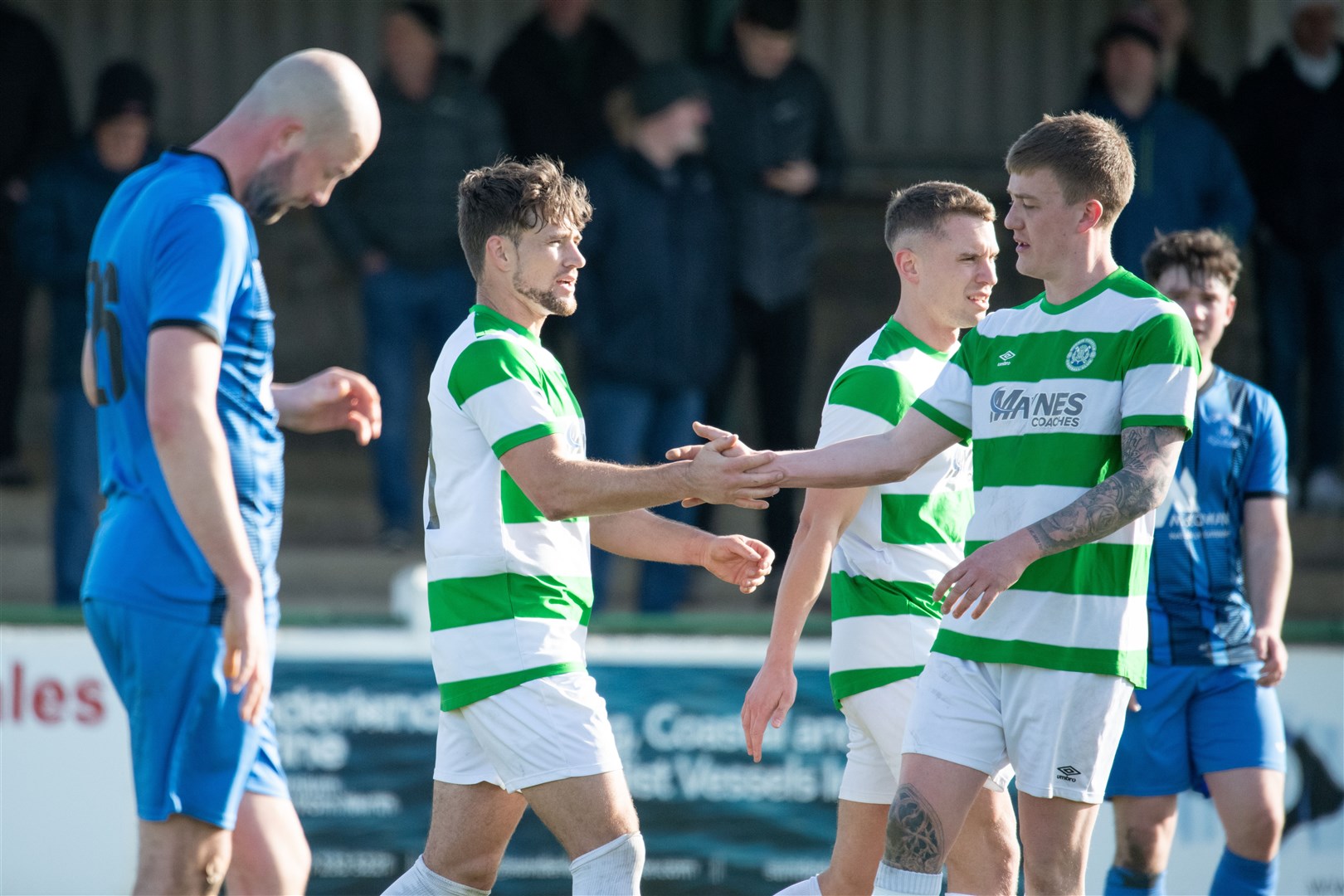 Buckie Thistle's Sam Urquhart after scoring a hat-trick...Buckie Thistle FC (5) vs Strathspey Thistle FC (0) - Highland Football League - Victoria Park, Buckie 02/04/2022...Picture: Daniel Forsyth..