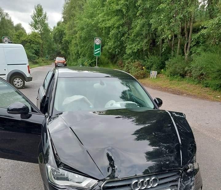 The saloon car after the two-vehicle crash by the Highland Folk Museum today