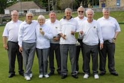 Sutherland Bowling Association’s County Rinks finalists pictured with their trophies (L-R): John Mackay, Provan Ronald, Margaret Macleod, Robin Colvin, Gordon Ronald, Keith Legg, Alister Macleod and George Mowat.