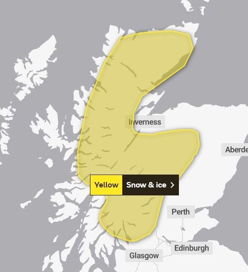 The area covered by the yellow warning for snow and ice. Picture: Met Office.