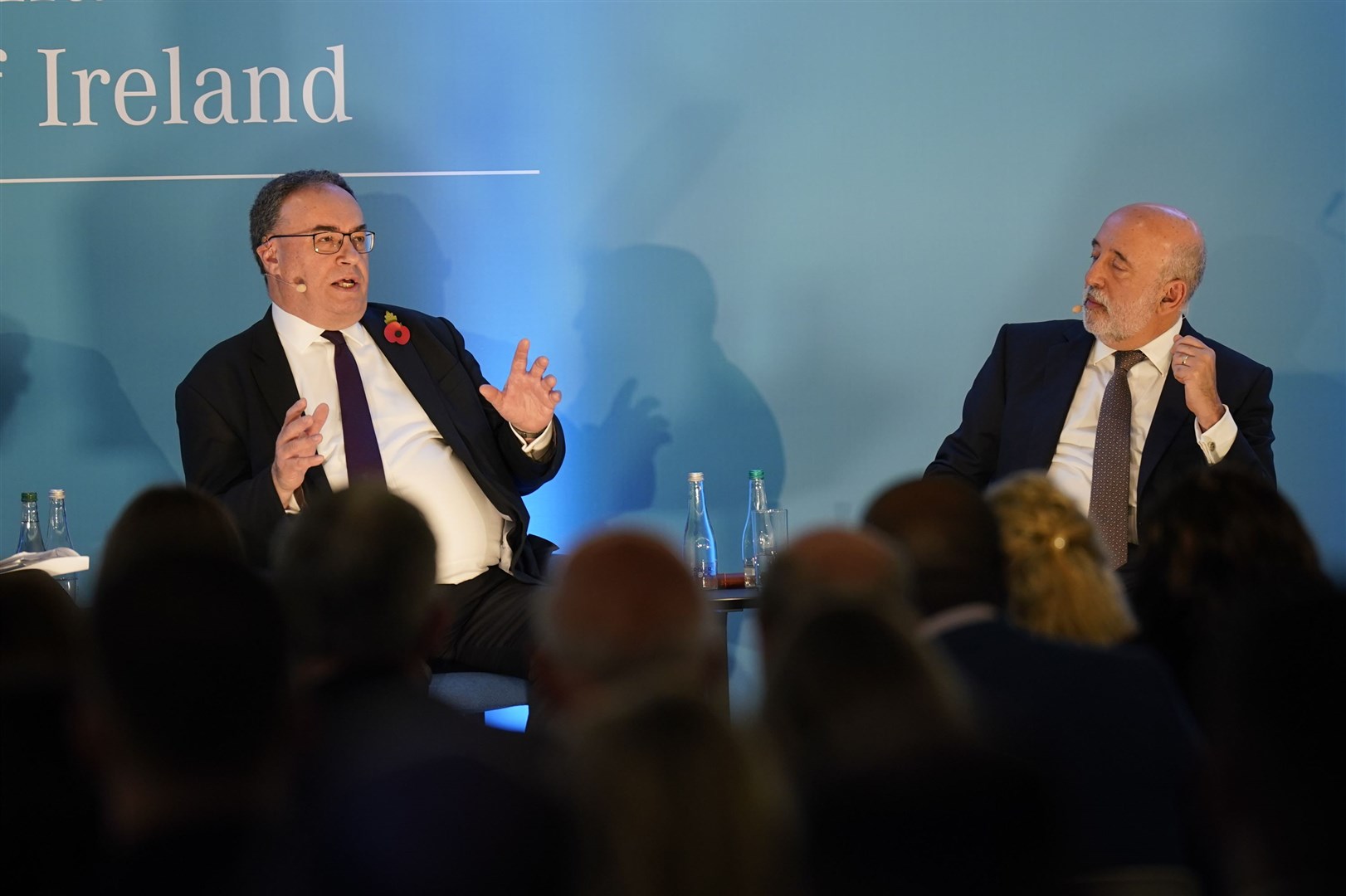 Bank of England governor Andrew Bailey, left, and governor of the Central Bank of Ireland Gabriel Makhlouf speaking at the Central Bank of Ireland Financial System Conference at the Aviva Stadium in Dublin (Niall Carson/PA)