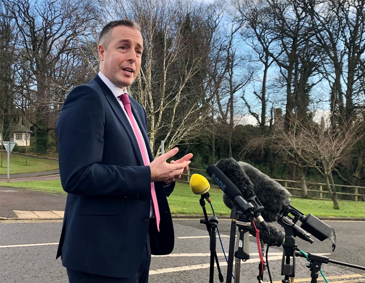 DUP First Minister Paul Givan talks to the media at Stormont (David Young/PA)