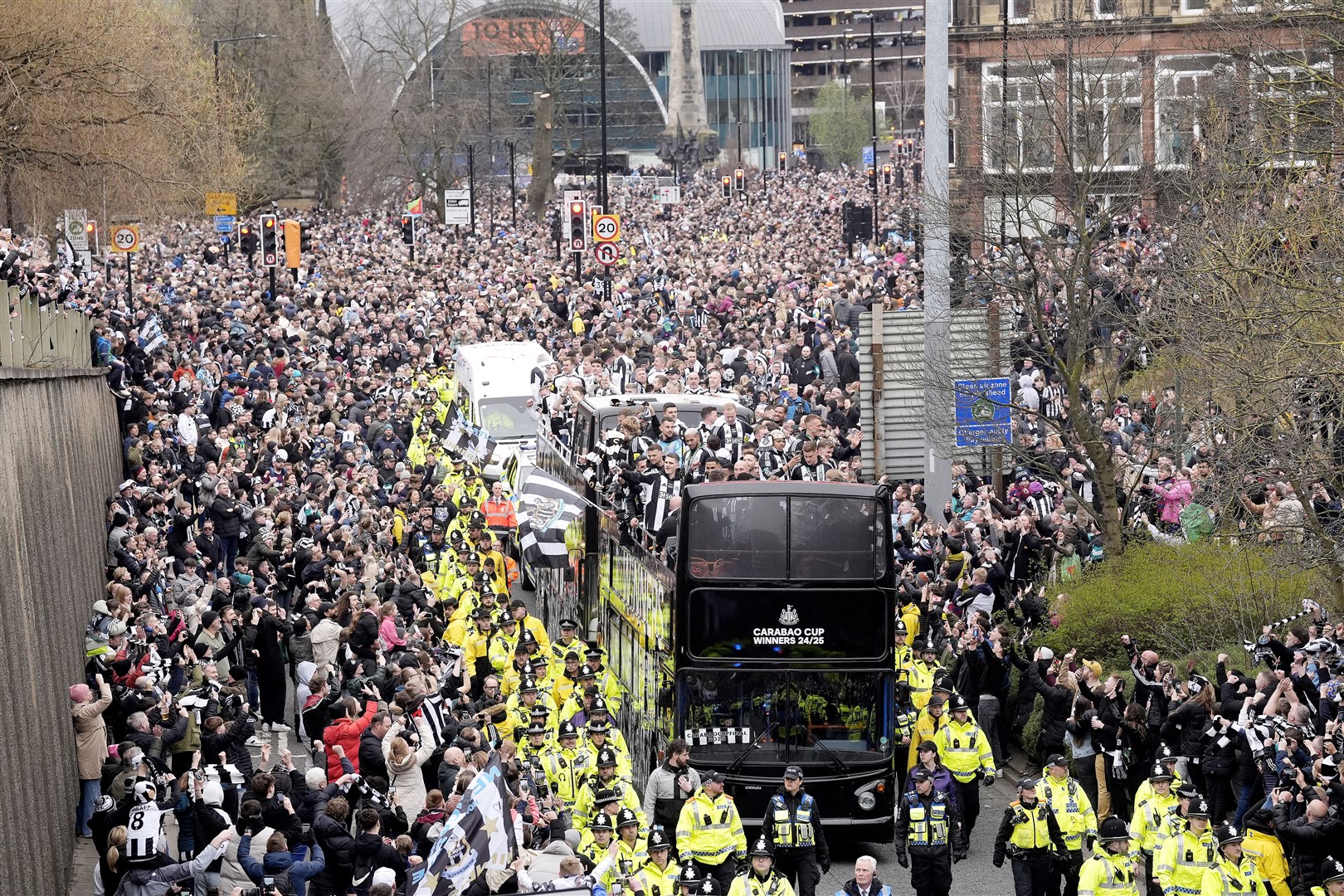 Fans watch on during the Carabao Cup trophy parade in Newcastle (Danny Lawson/PA)