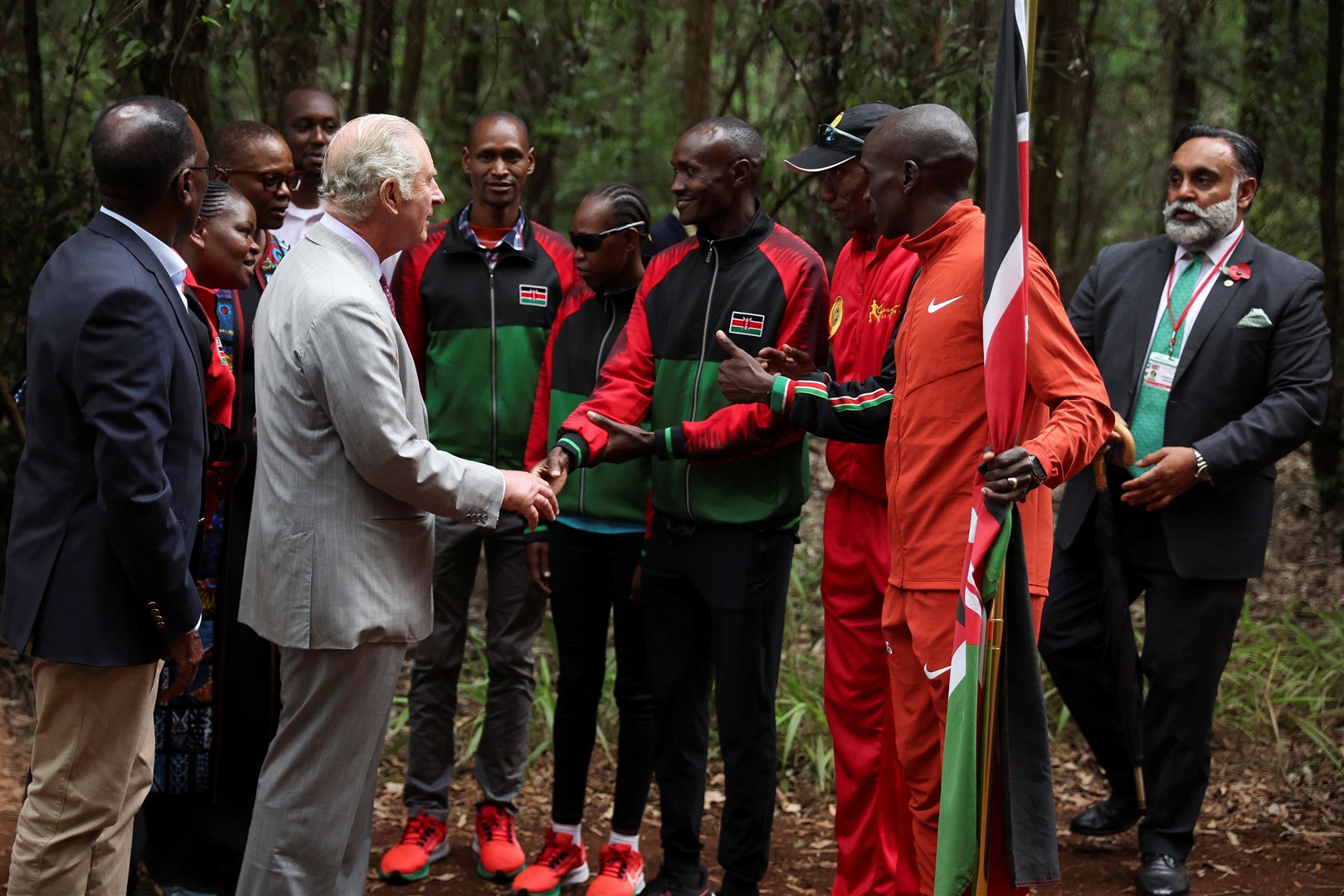 Charles and Kenyan marathon runner Eliud Kipchoge launched the 15km Run For Nature through Nairobi’s Karura Forest (Phil Noble/PA)