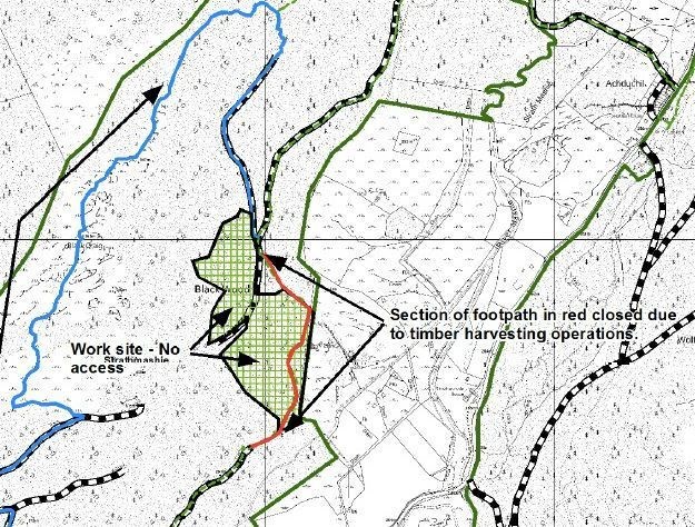 A map showing that long diversions (in blue) will be required because of the timber felling.