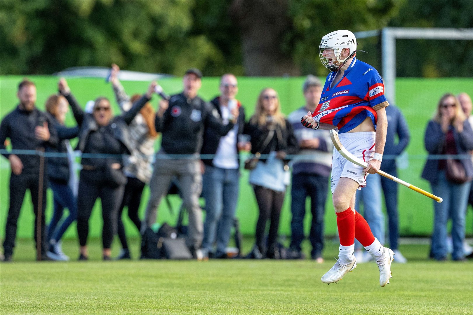 Kingussie's Ruaridh Anderson celebrates his goal that won the Camanachd Cup. Kingussie v Oban Camanachd in the 2023 Tulloch Homes Camanachd Cup Final, played at The Bught, Inverness,