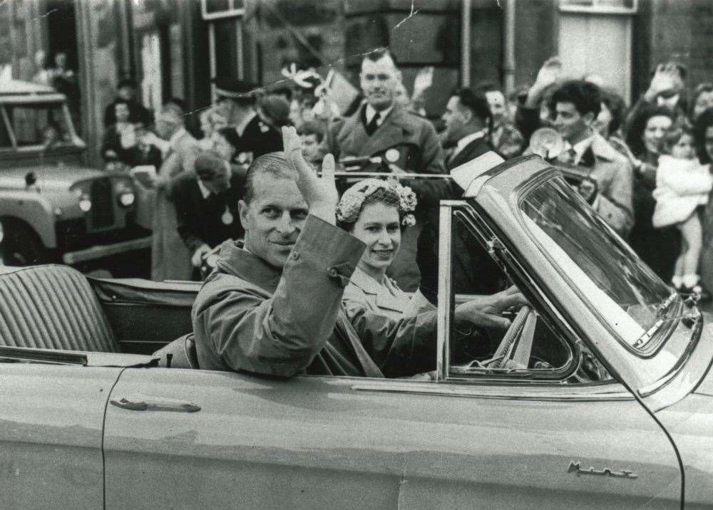 Highland Council has shared a photograph of The Queen and HRH Prince Philip, Duke of Edinburgh pictured in a Hillman Minx on a visit to Portree in 1956. Picture: Highland Council