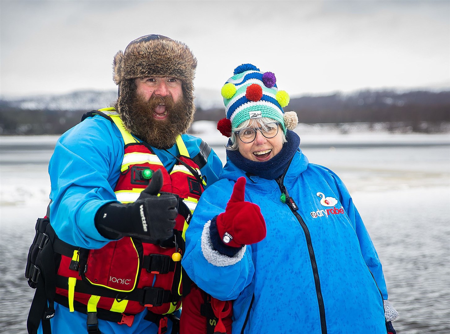 Thumbs up! All set to go after creating a huge pool in the ice