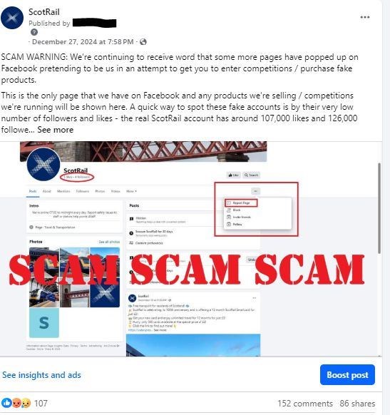 ScotRail has been highlighting the scams to its passengers, but despite repeatedly reporting them to Facebook, the bogus offers are continuing to circulate.