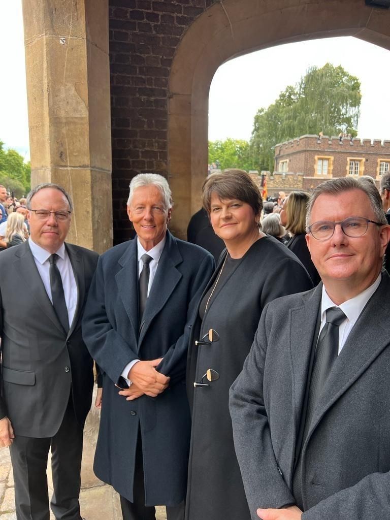 (Left to right) Accession Council members, former DUP deputy leader Lord Dodds, former DUP leaders Peter Robinson and Dame Arlene Foster, with current DUP leader Sir Jeffrey Donaldson, outside St James’s Palace, London (Sir Jeffrey Donaldson/PA)