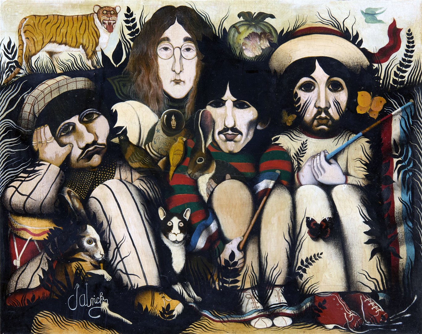 Each member of The Beatles is pictured with a spirit animal in the painting (Stewart Attwood/PA)